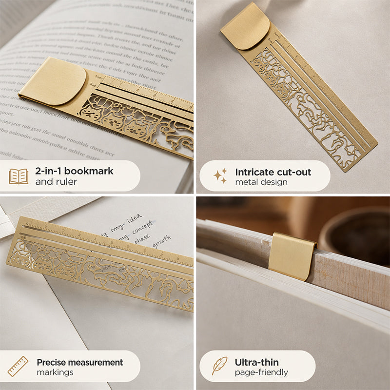 🐱 For Bokelskere: Elegant Katte-Bokmerke & Linjal i Metall ✨